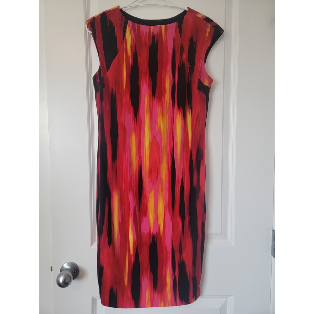 Carmen Marc Valvo Women Red Pink Abstract Ikat Print Cap Sleeve Sheath Dress S